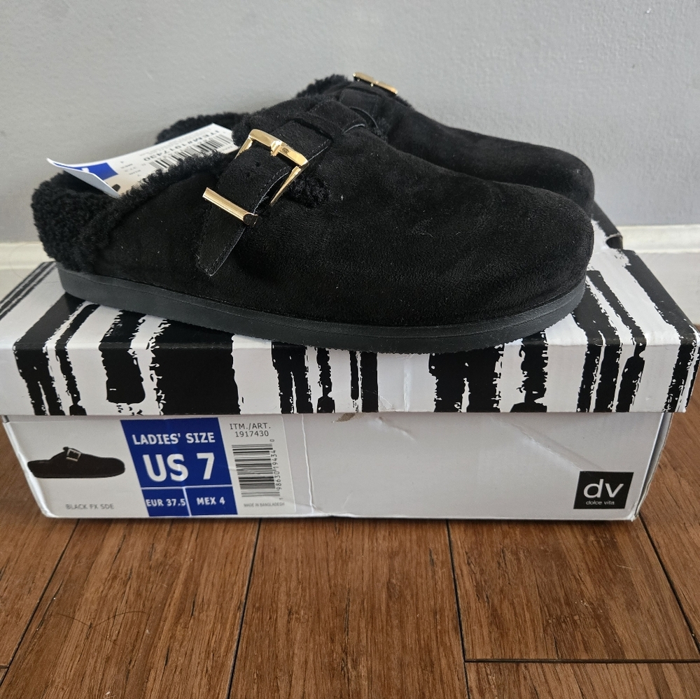 Dolce Vita Black Faux-Shearling Buckle Clogs with Gold Accent - Picture 2 of 2